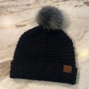 Solid Black Boucle Knit Pom CC Beanie